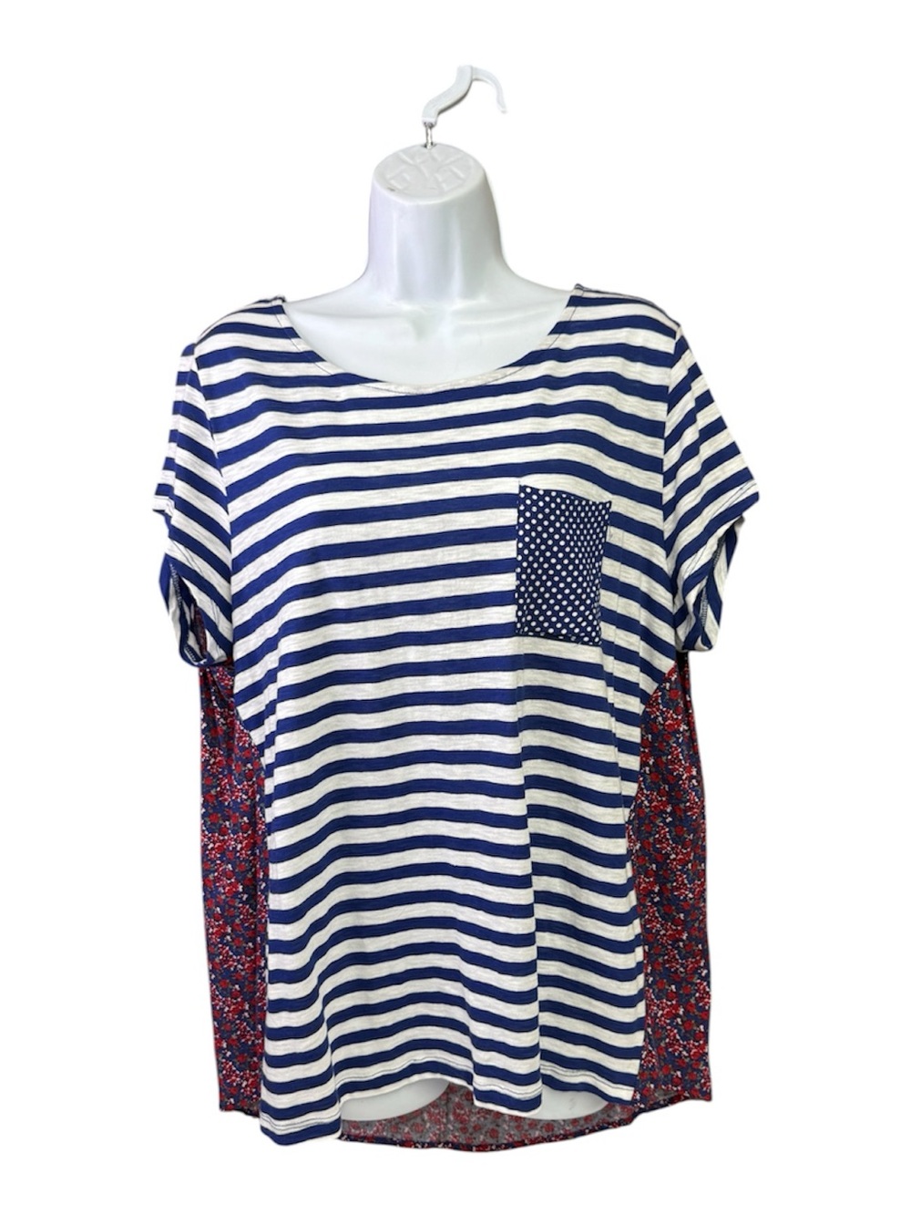 Hannah Navy & White Striped Short Sleeve Top with Polka Dot Pocket size XL